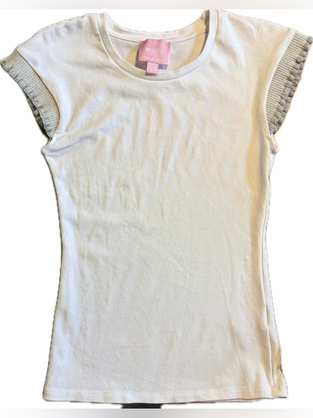 MUSE Republic Clothing White Knit Top Metallic Ruffle Sleeves XS